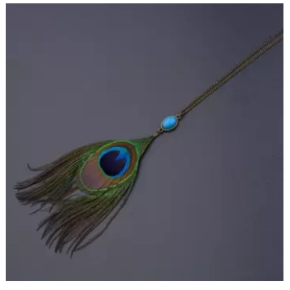 ☯️  very long peacock feather gypsy necklace